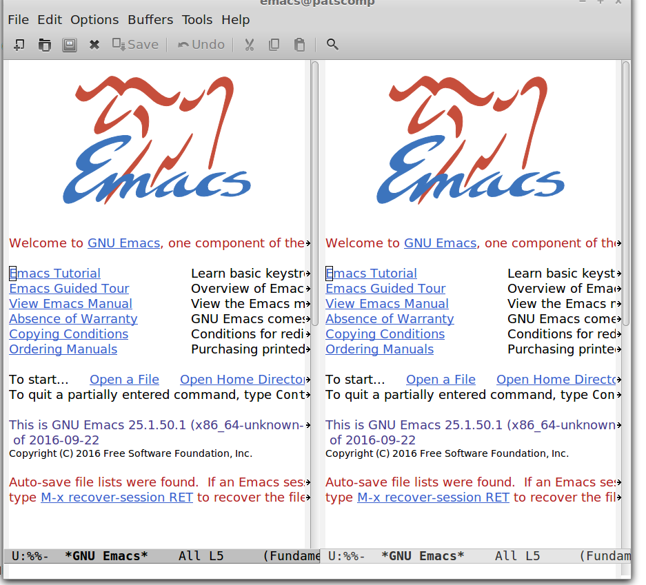 Image of a split screen in Emacs